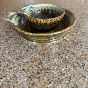 Handcrafted Artisan Pottery CB Jeffcoat Pottery Chip and Dip Bowls Green Brown
